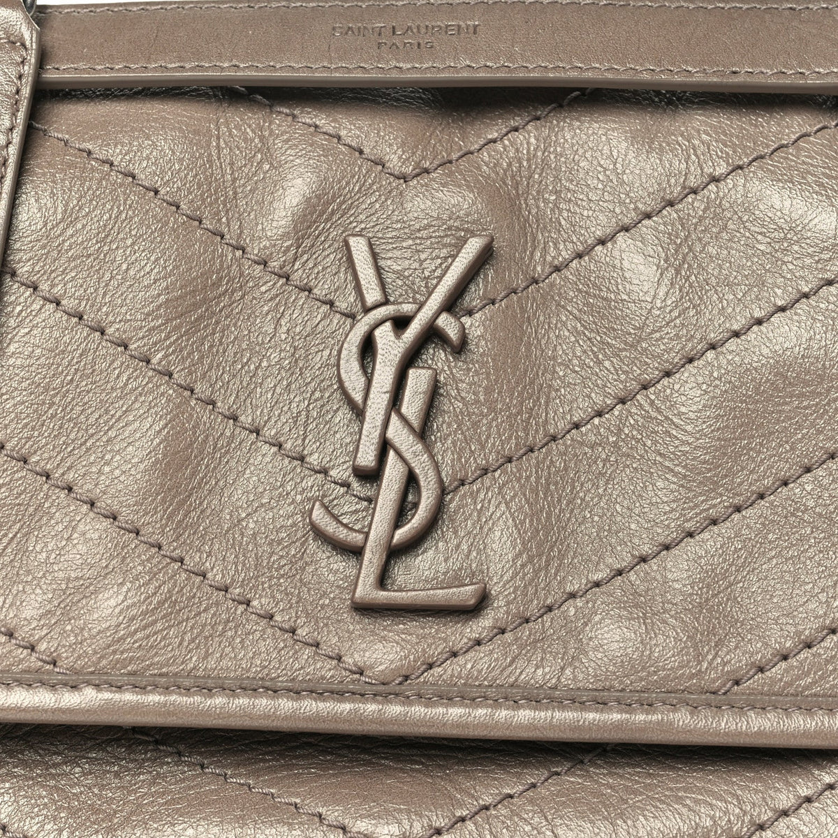 Crinkled Calfskin Matelasse Monogram Baby Niki Chain Satchel Greyish Brown