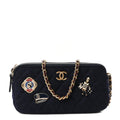 Felt Quilted Paris-Hamburg Charms Small Clutch With Chain  Dark Navy