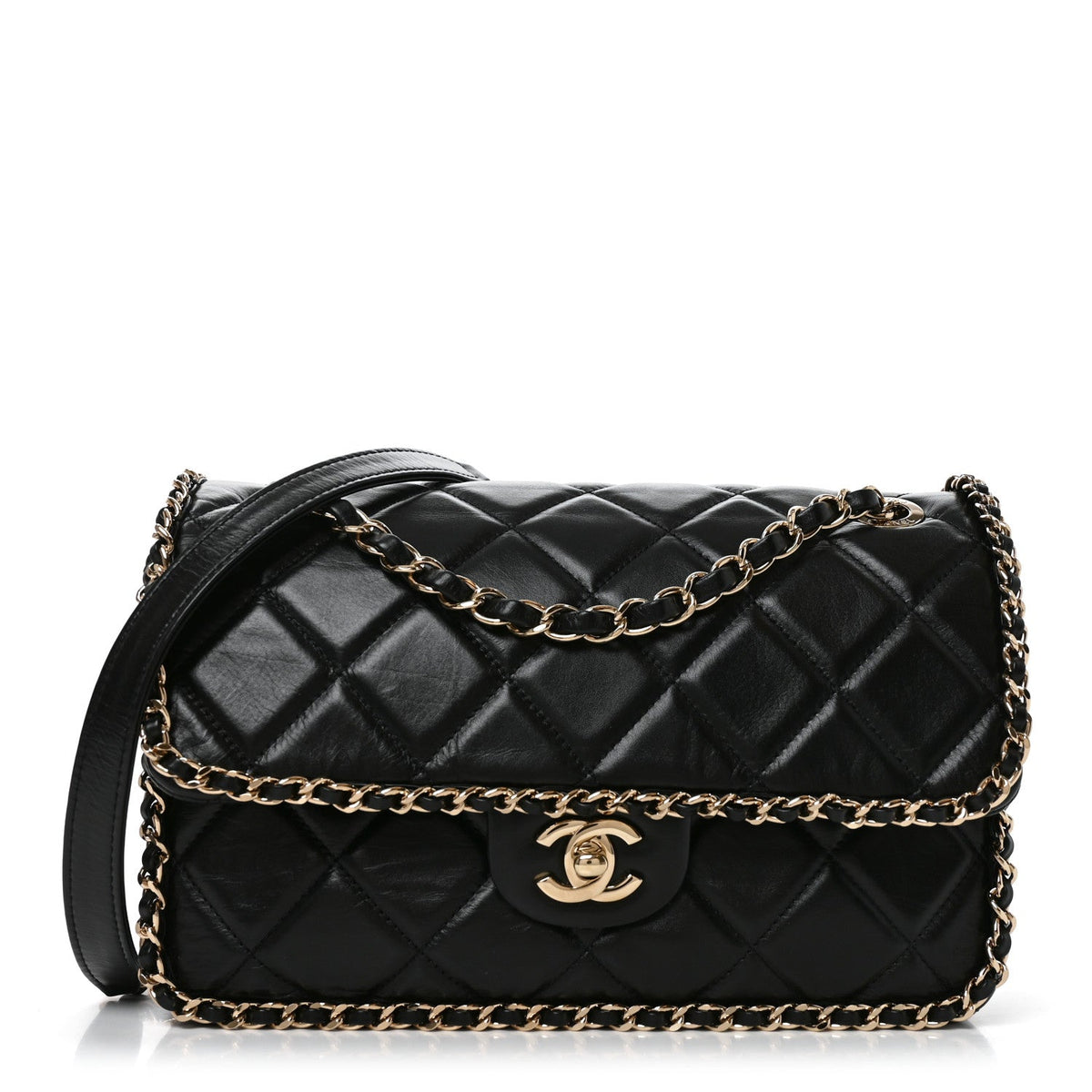 Crumpled Calfskin Medium Chain All Over Flap Black