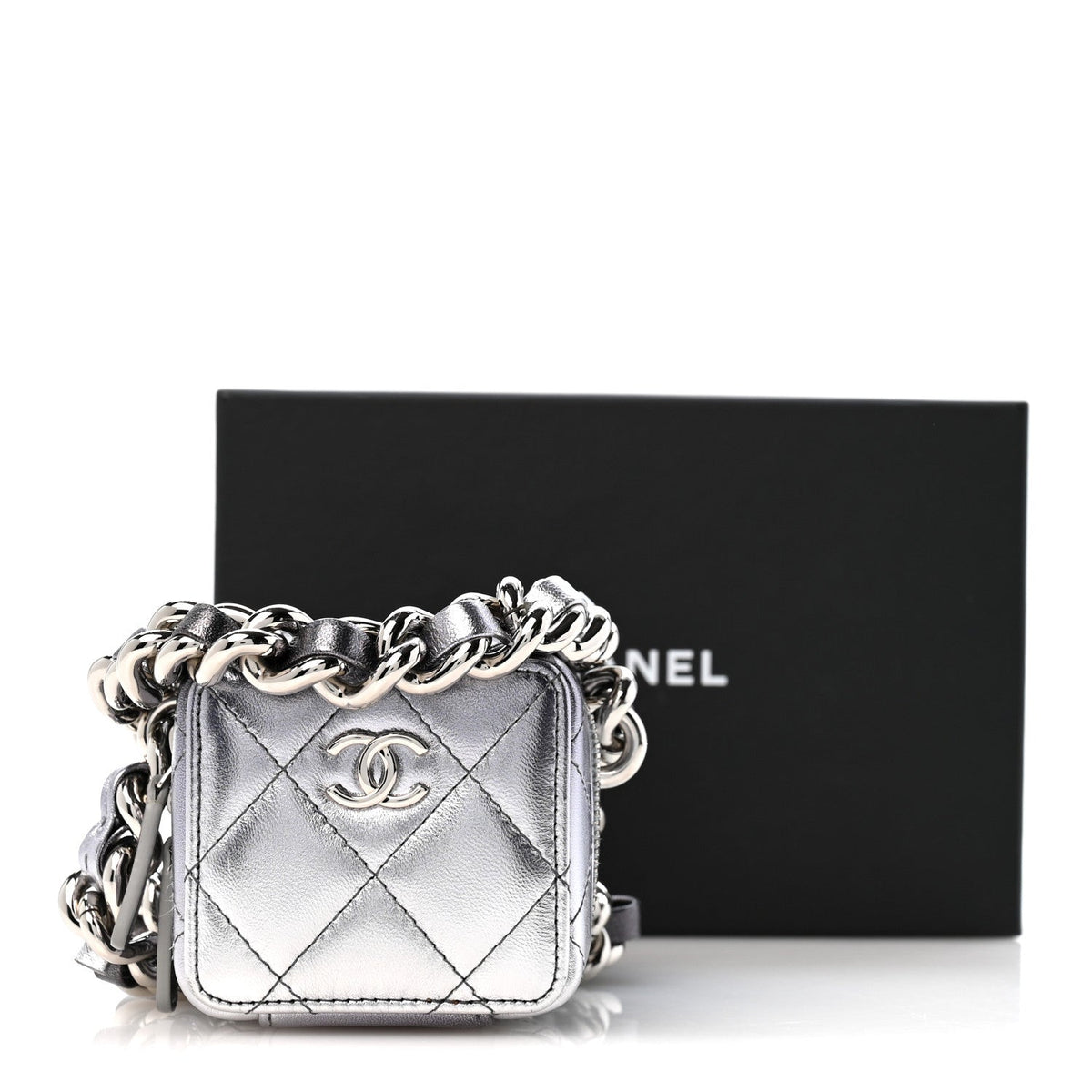 Gradient Metallic Lambskin Quilted Coco Punk Cube Clutch With Chain Silver Black