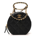Lambskin Quilted Chain Logo Top Handle Small Round Black