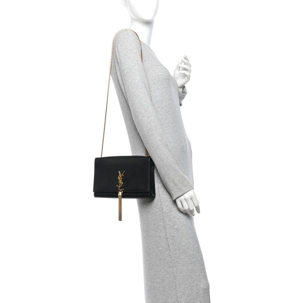 Smooth Calfskin Medium Classic Monogram Kate Tassel Satchel Black