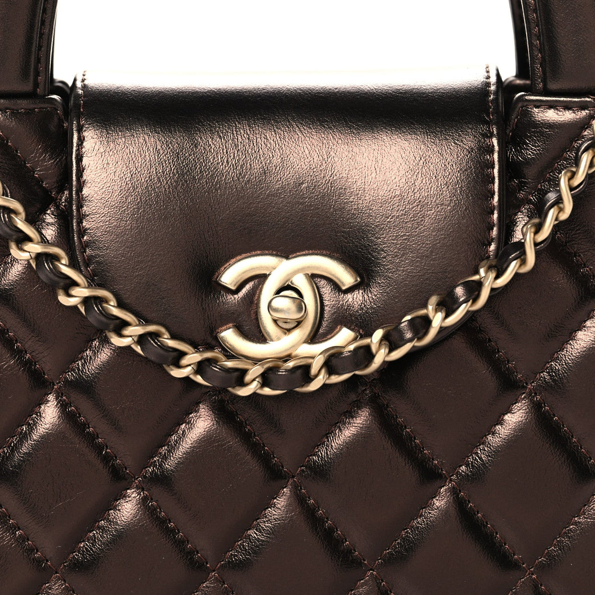 Metallic Aged Calfskin Quilted Nano Kelly Shopper Dark Brown