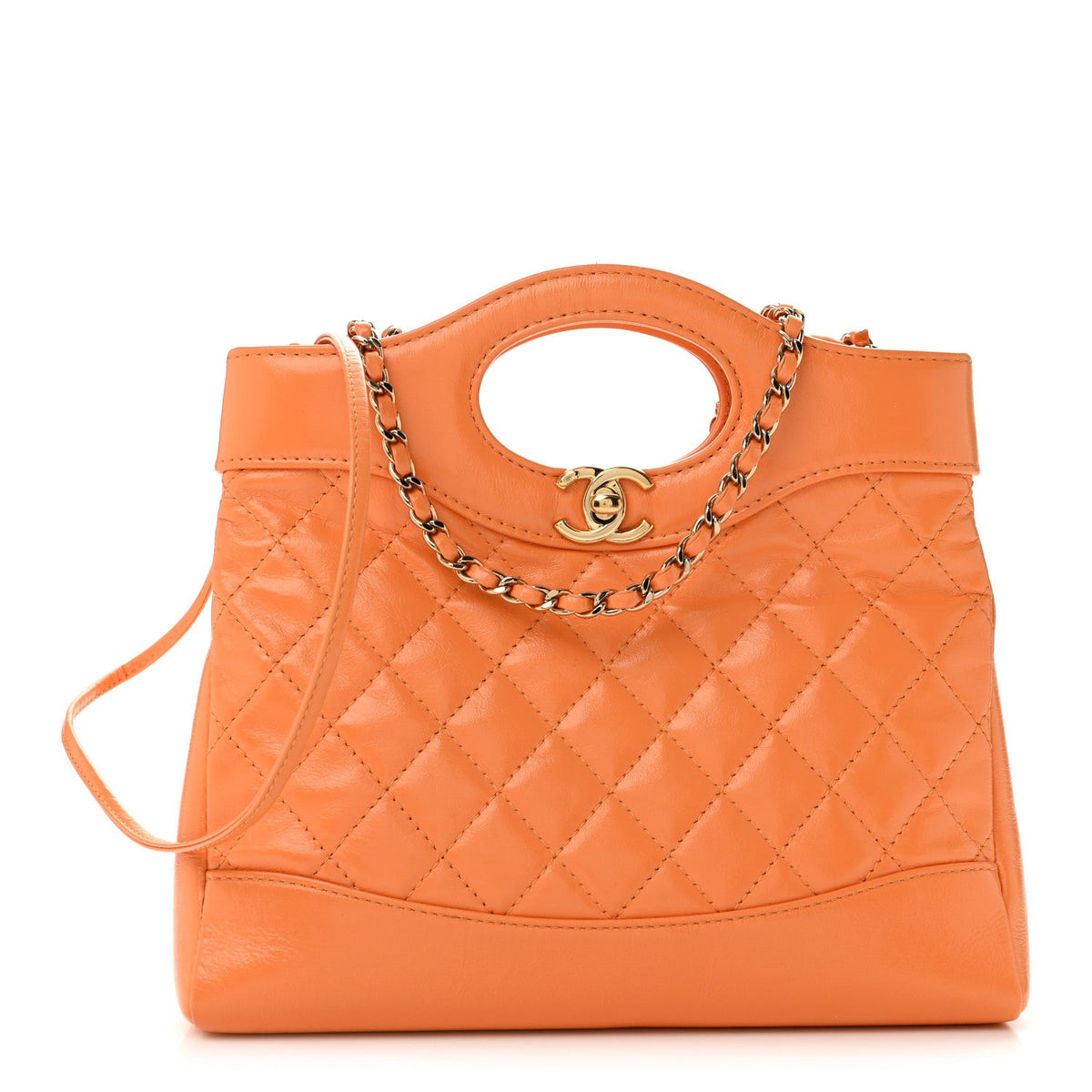 Shiny Crumpled Calfskin Quilted Mini 31 Shopping Bag Orange