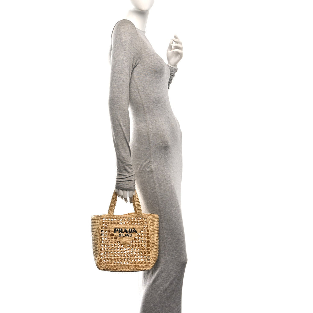 Yarn Raffia Effect Crochet Logo Embroidered Small Tote Bag Naturale