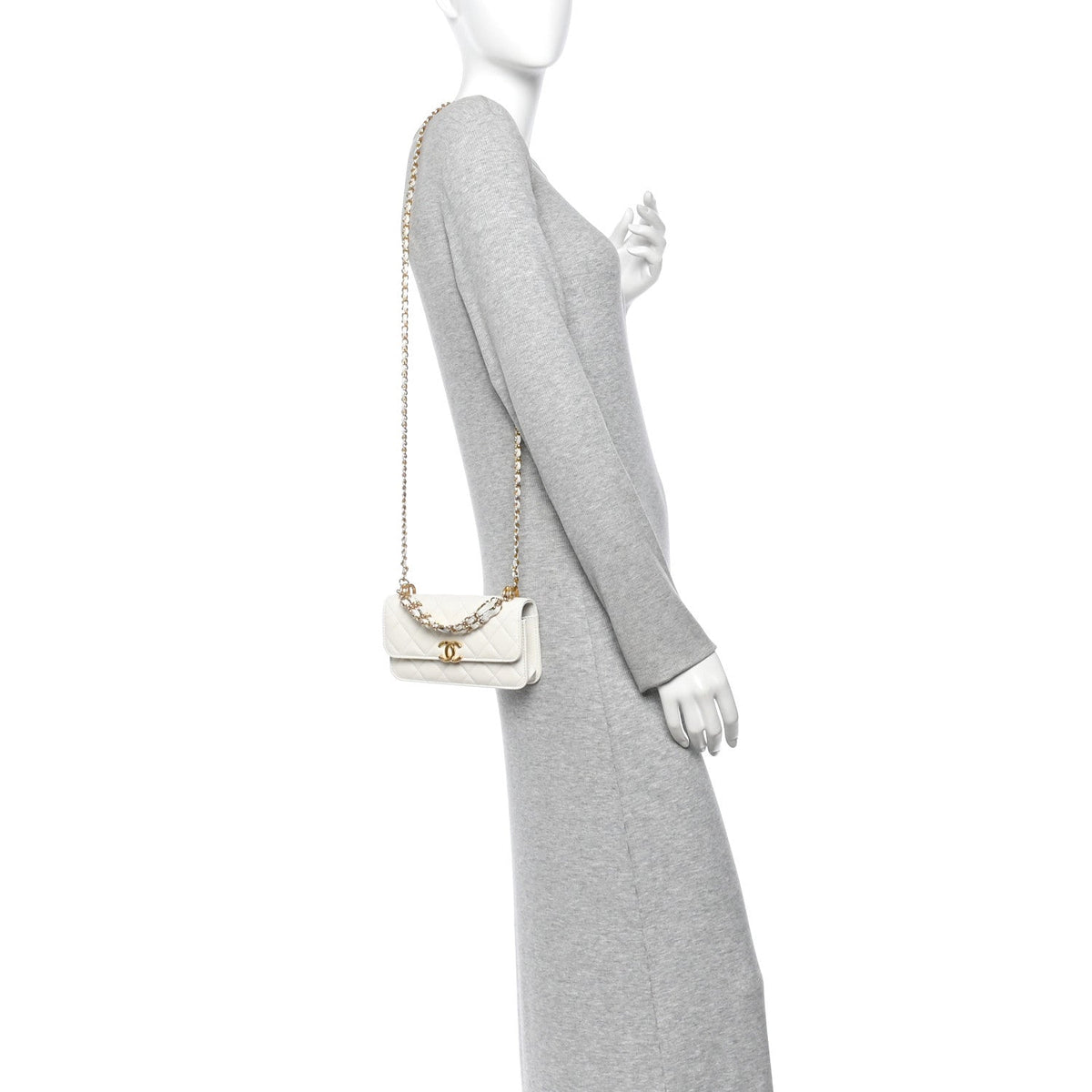 Caviar Quilted Phone Holder With Chain White