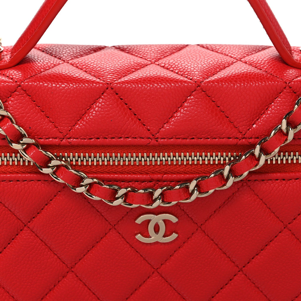 Caviar Quilted Top Handle Slim Vanity With Chain Red