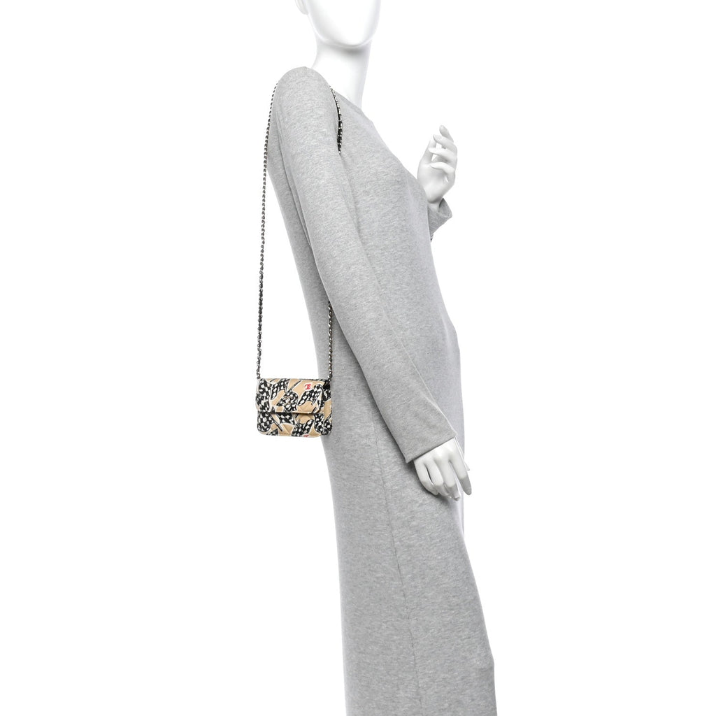 Canvas Check Flag Printed CC Clutch With Chain Beige Multicolor