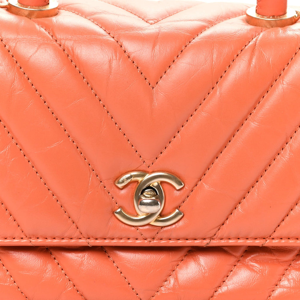Aged Calfskin Chevron Quilted Mini Coco Handle Flap Orange