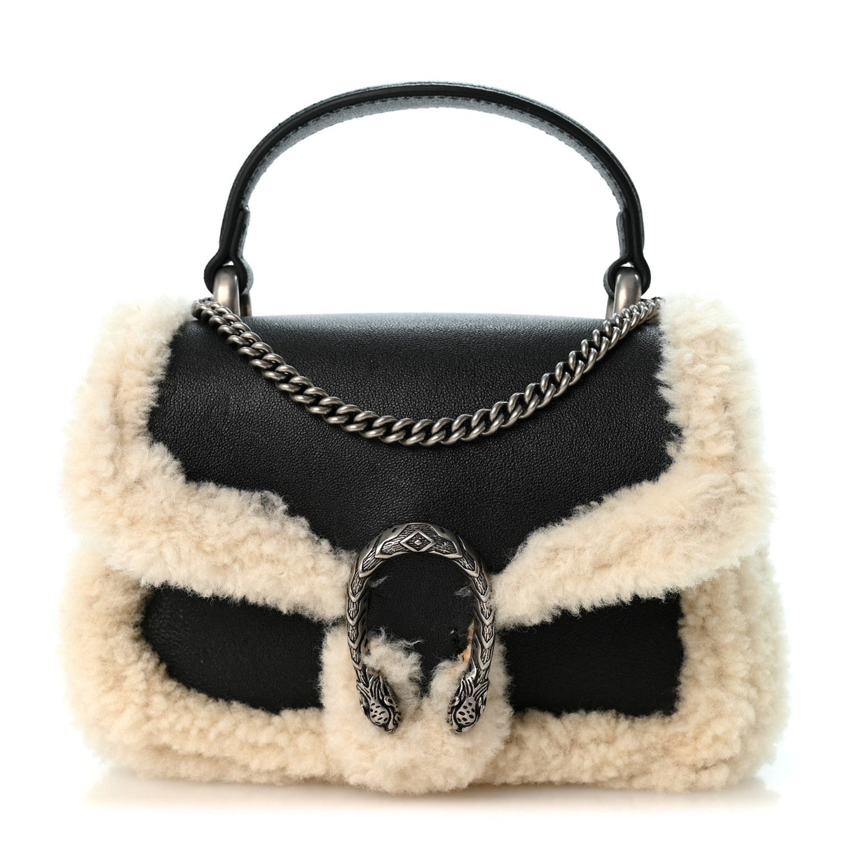 Sakai Be Green Calfskin Shearling Mini Dionysus Top Handle Bag Black