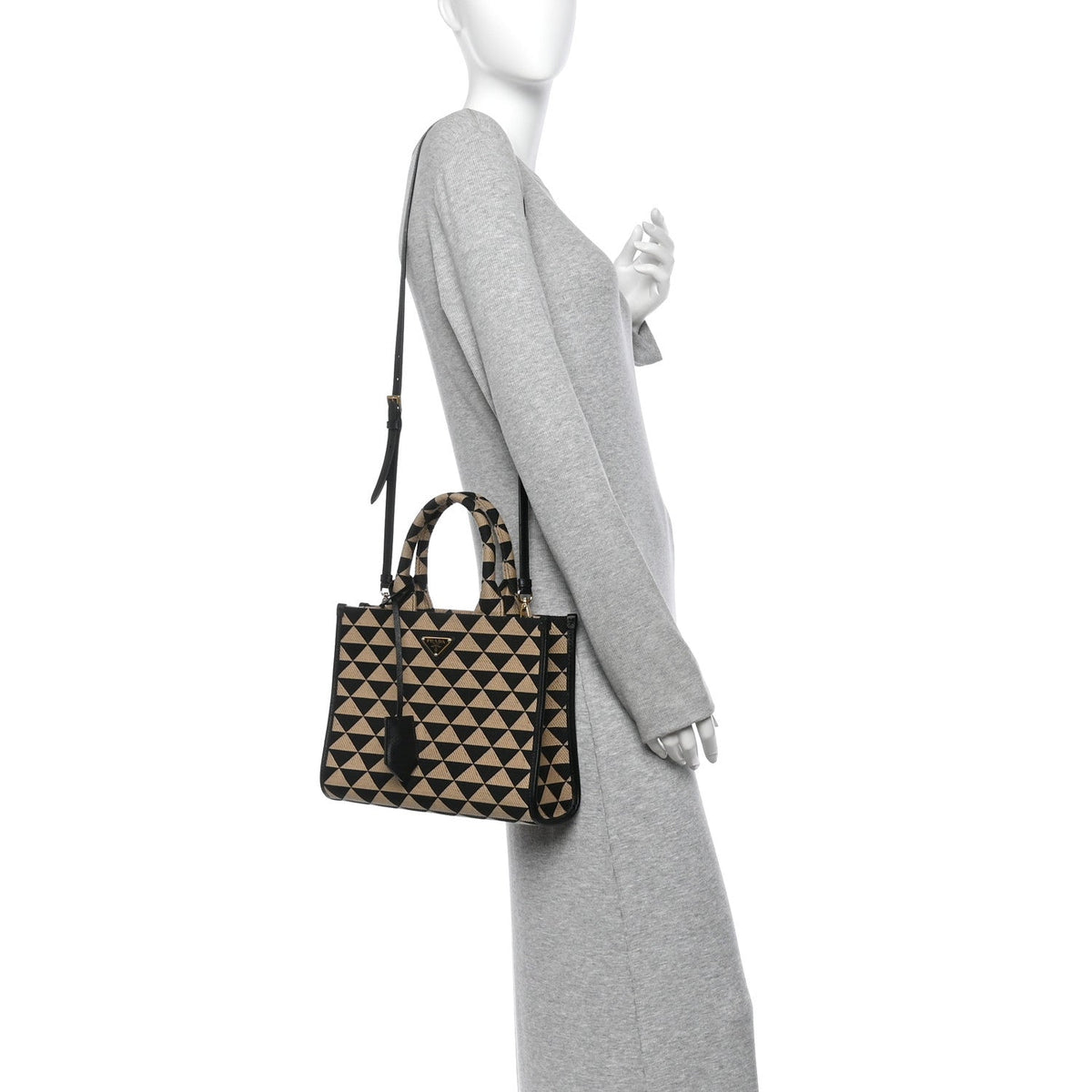 Jacquard Saffiano Triangolo Symbole Embroidered Small Tote Black Corda