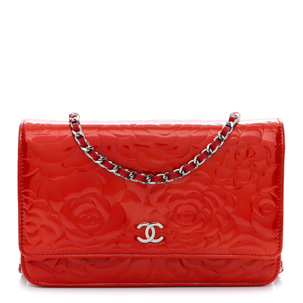 Patent Camellia Embossed Wallet On Chain WOC Dark Red