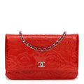 Patent Camellia Embossed Wallet On Chain WOC Dark Red