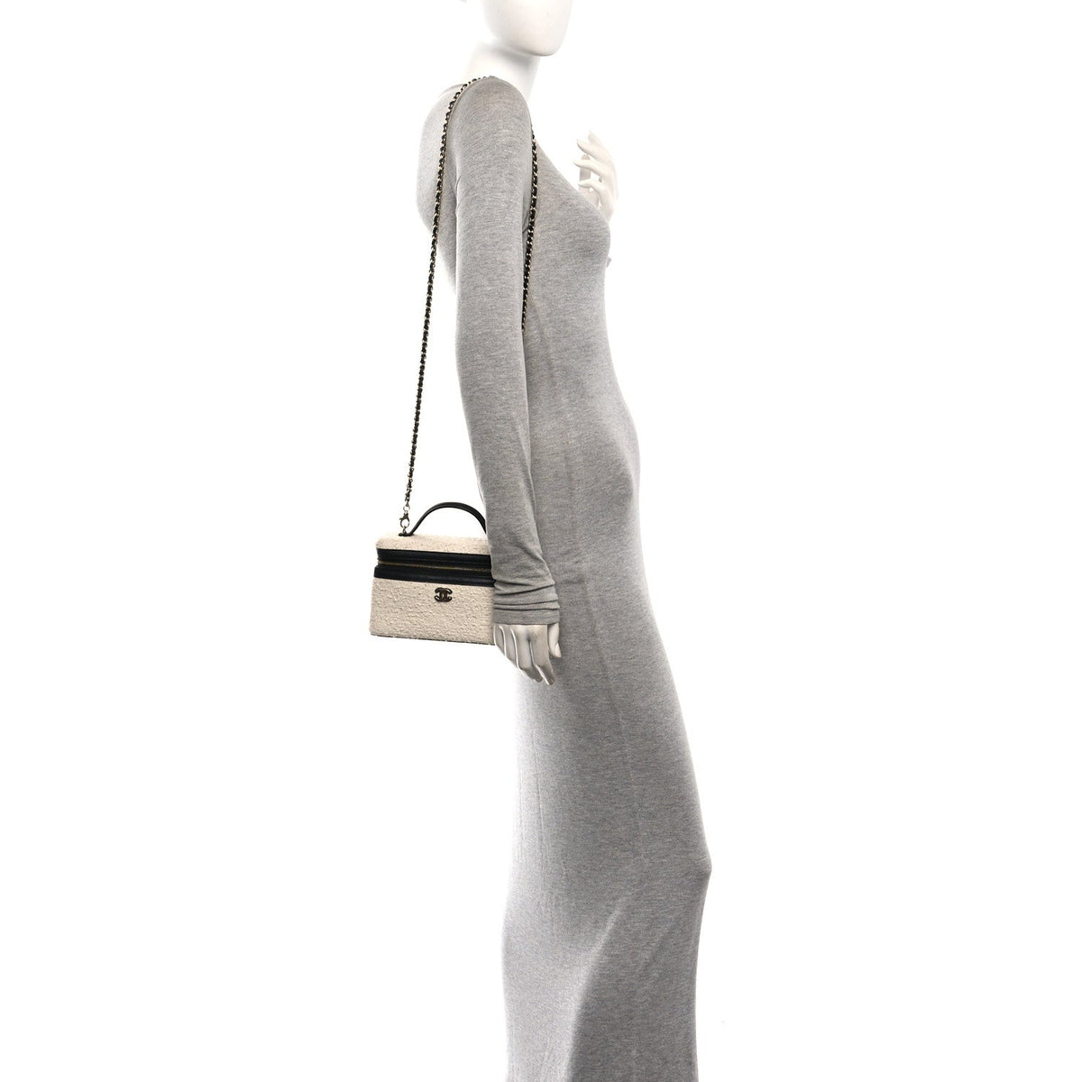 Boucle Calfskin Top Handle Slim Vanity Case With Chain Ecru Black