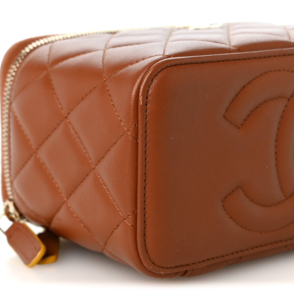 Lambskin Quilted Small Top Handle Vanity Case With Chain Light Brown Yellow