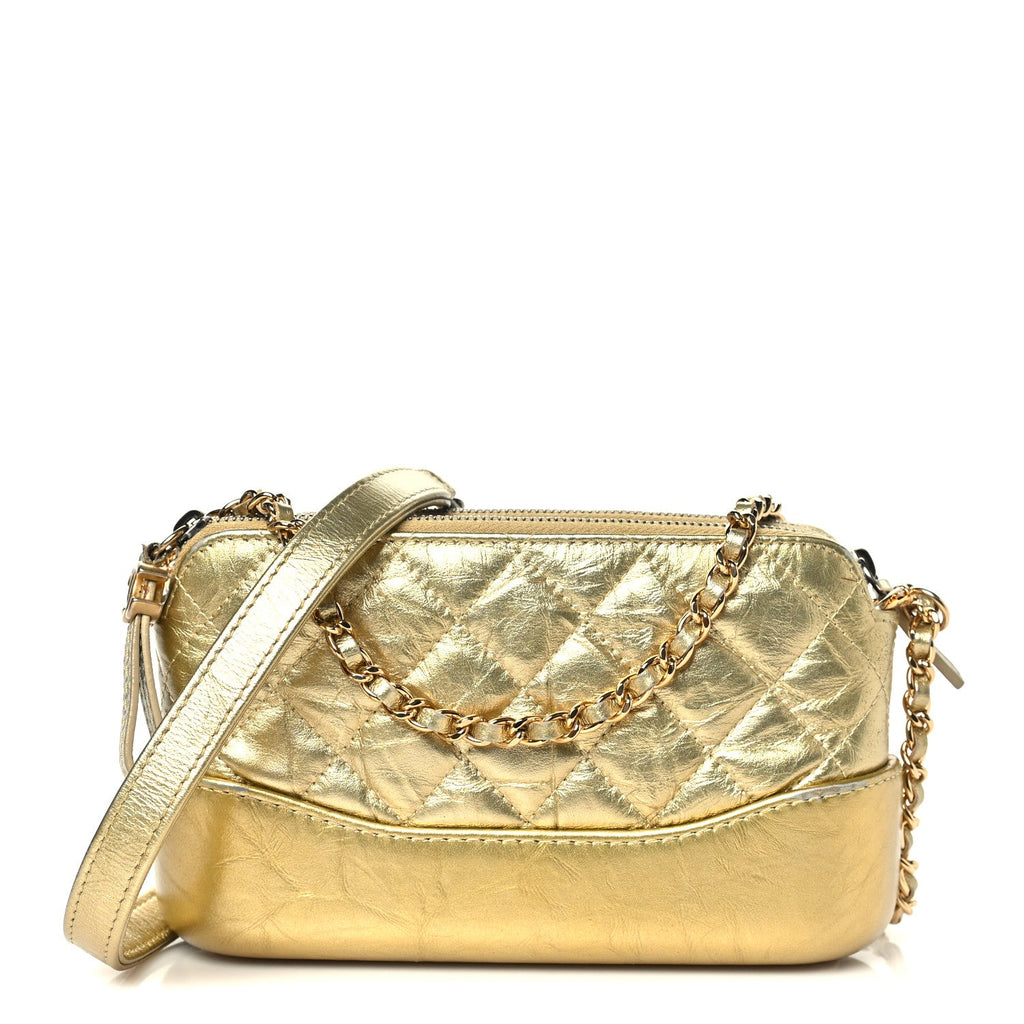 Metallic Aged Calfskin Quilted Small Gabrielle Clutch With Chain Gold