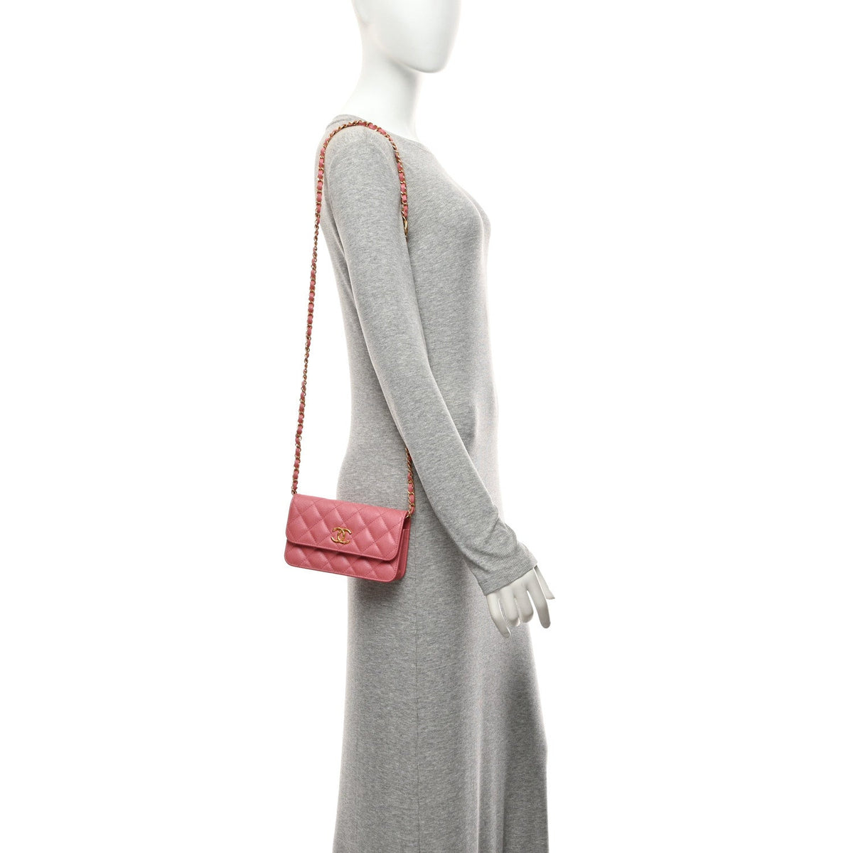 Caviar Quilted Dynasty Flap Phone Holder With Chain Pink