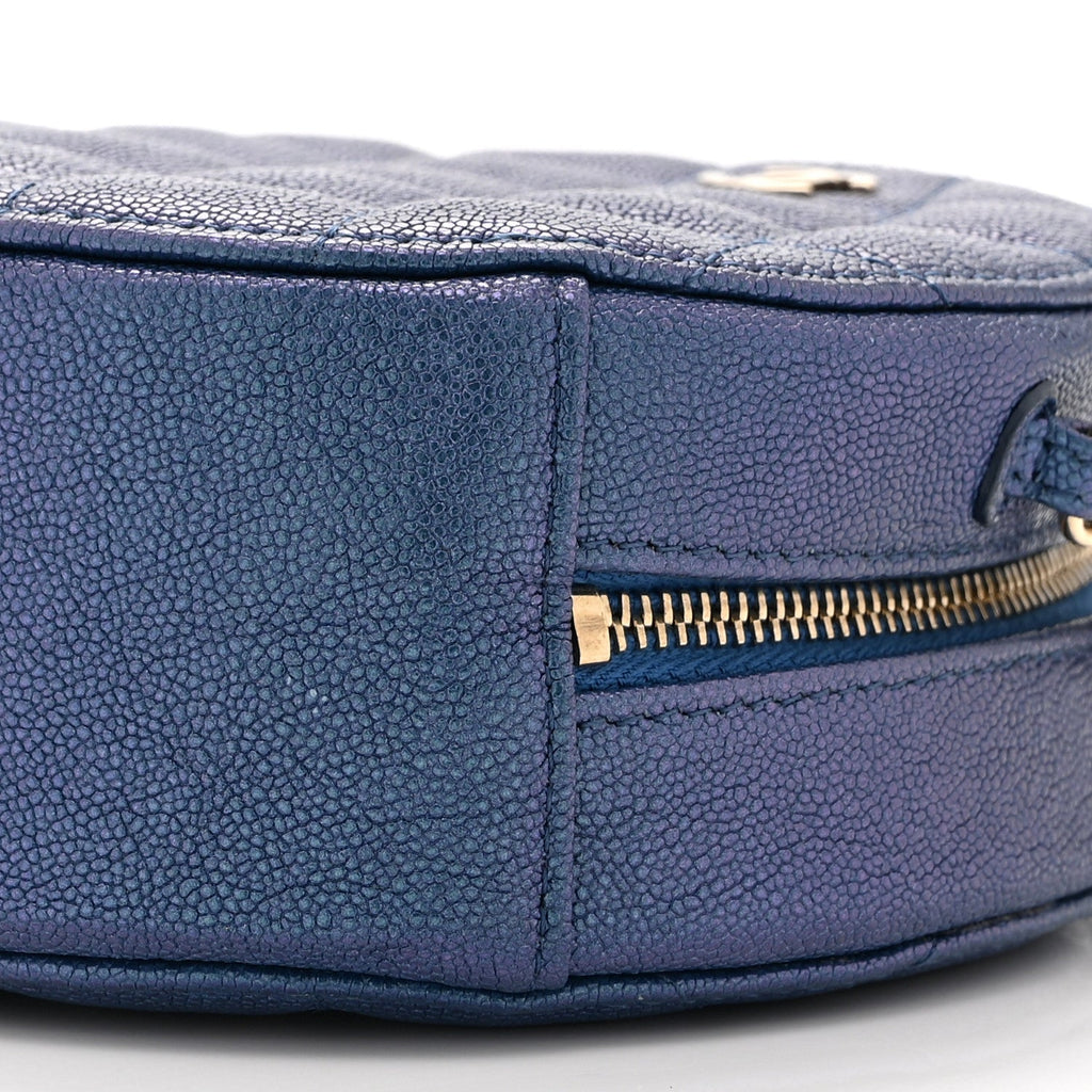 Iridescent Caviar Quilted Round Clutch With Chain Blue