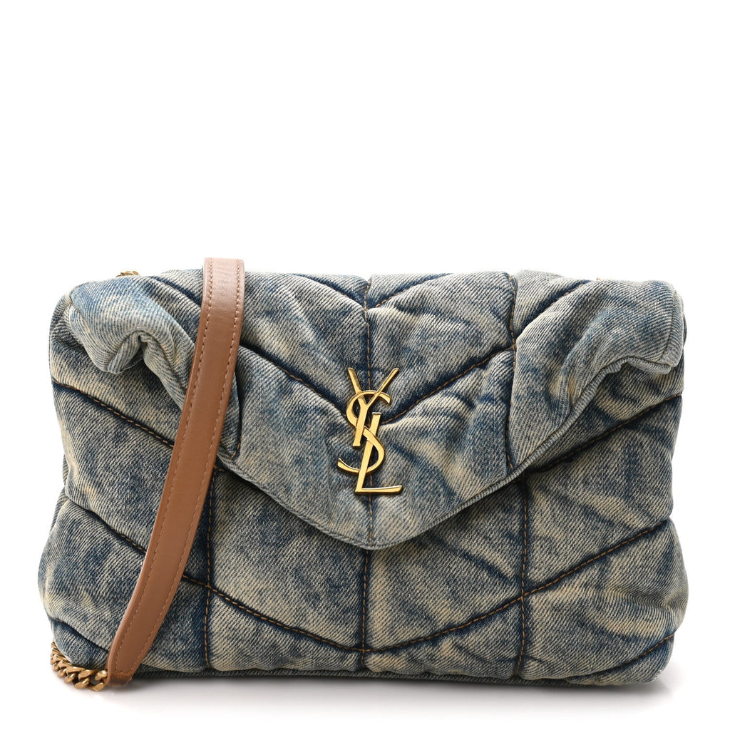 Denim Quilted Small Loulou Puffer Monogram Chain Satchel Blue Cinnamon