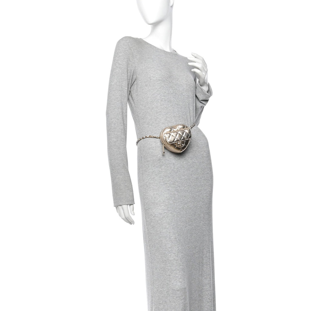 Metallic Lambskin Quilted CC In Love Heart Waist Belt Bag With Chain Gold