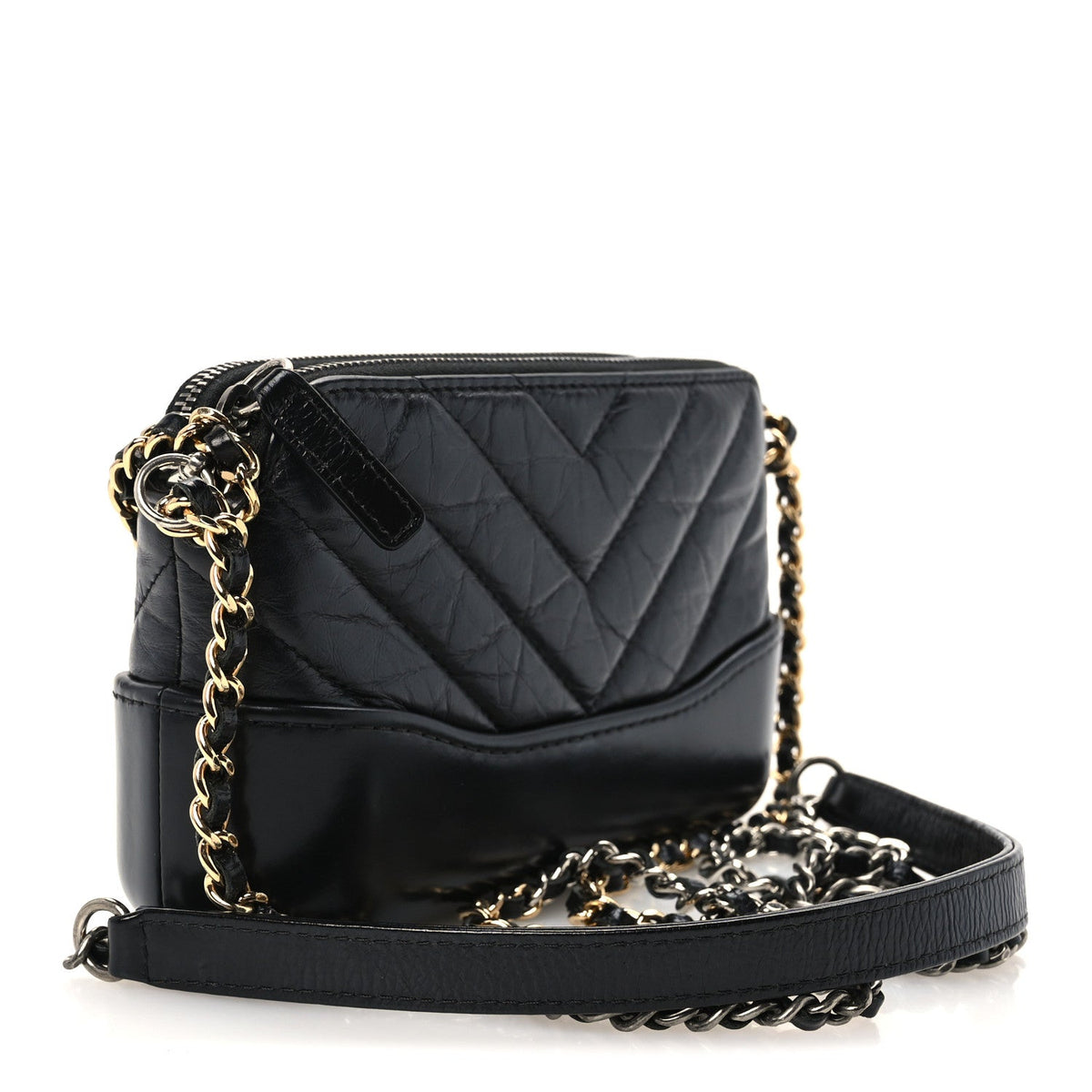 Aged Calfskin Chevron Quilted Small Gabrielle Clutch With Chain Black