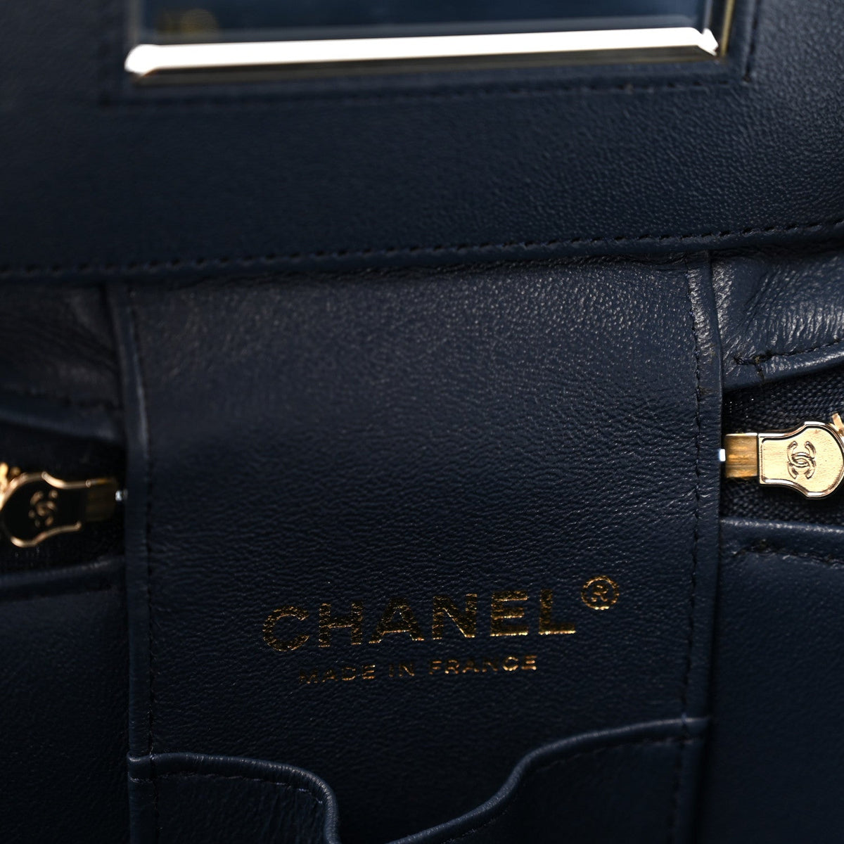 Caviar Quilted Small Top Handle Vanity Case With Chain Navy Blue