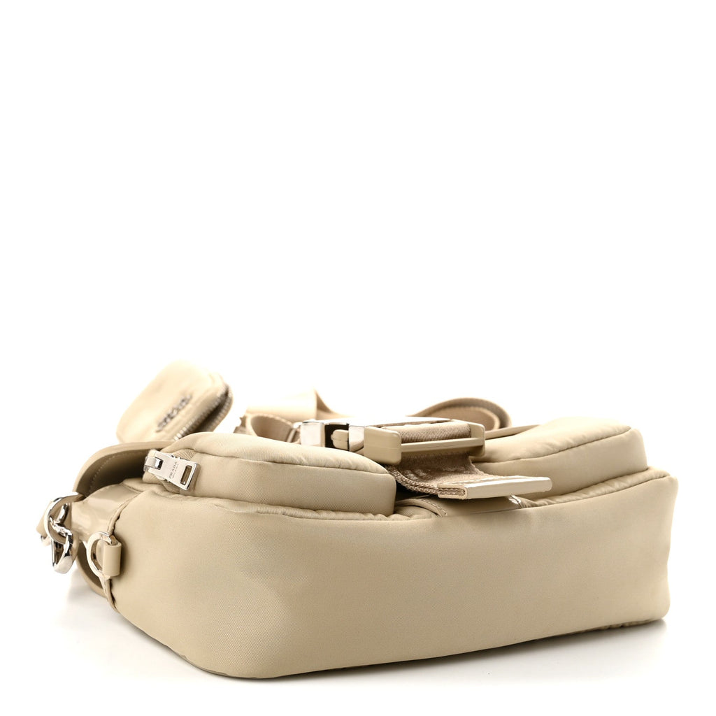 Re-Nylon Spazzolato Double Pocket Buckle Shoulder Bag Deserto