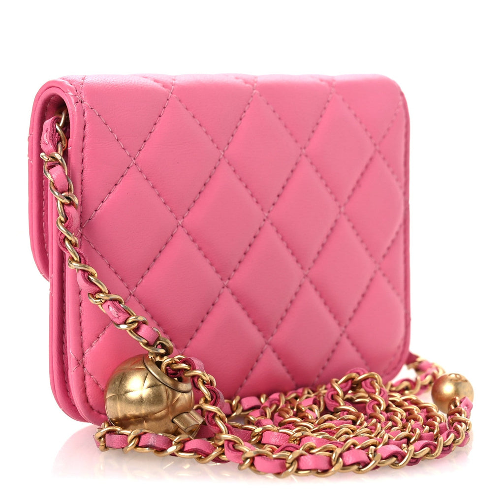 Lambskin Quilted Pearl Crush Clutch With Chain Pink