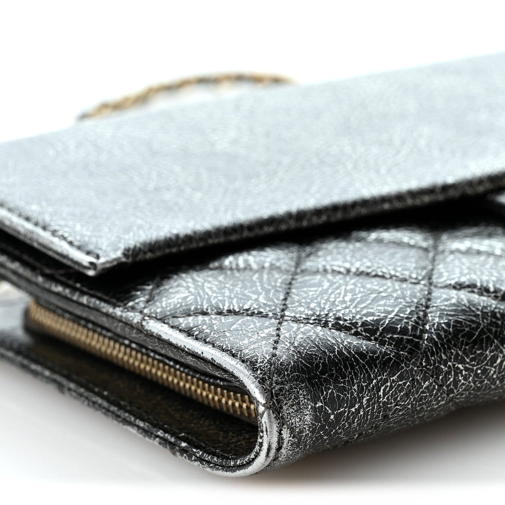 Cracked Metallic Calfskin Quilted Zip Away Chain Clutch Dark Silver