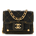 Denim Quilted Double You Card Holder On Chain Black Golden