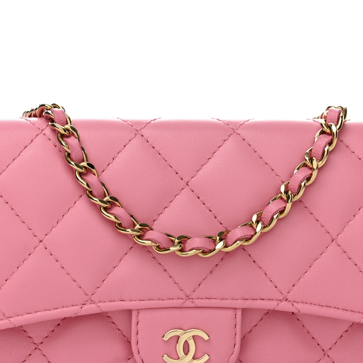 Lambskin Quilted Flap Phone Holder With Chain Pink