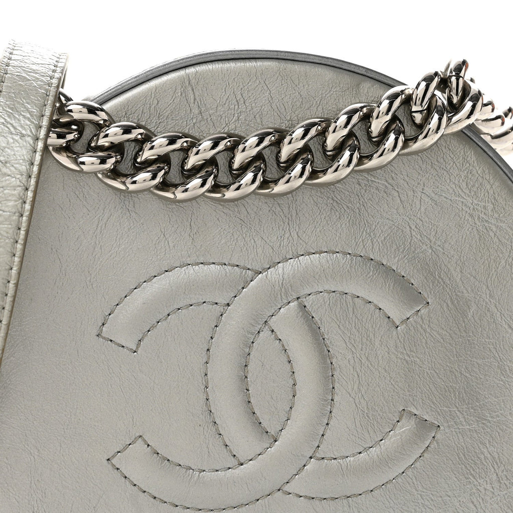 Metallic Glazed Calfskin Round As Earth Evening Bag Silver