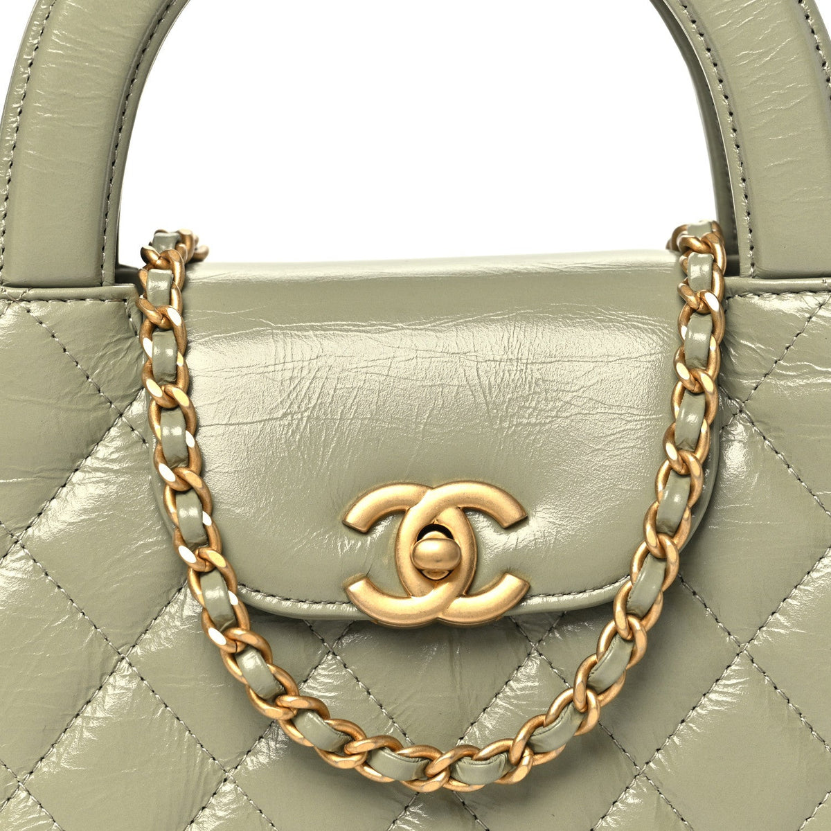 Shiny Aged Calfskin Quilted Nano Kelly Shopper Khaki