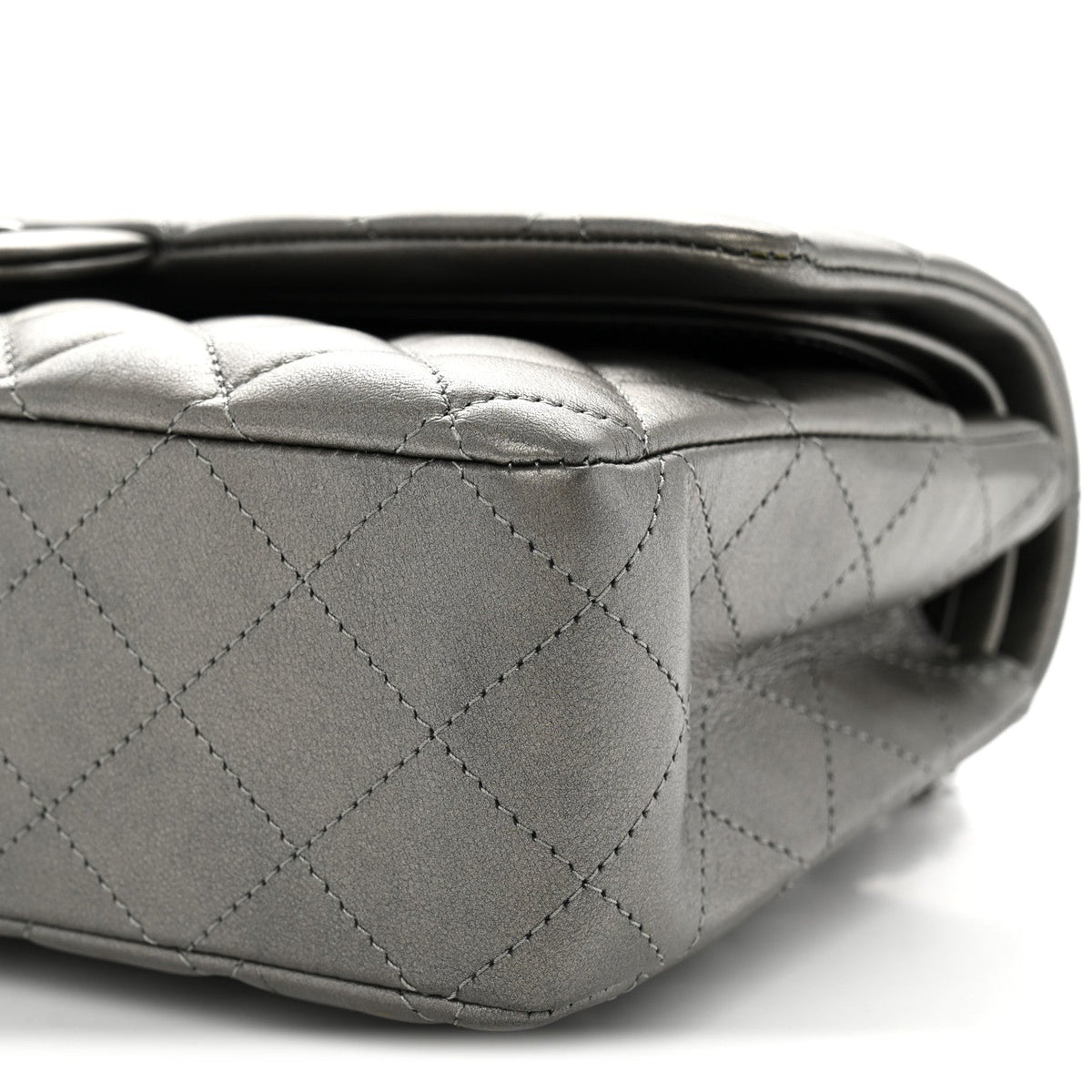 Metallic Calfskin Quilted Medium Double Flap Ruthenium
