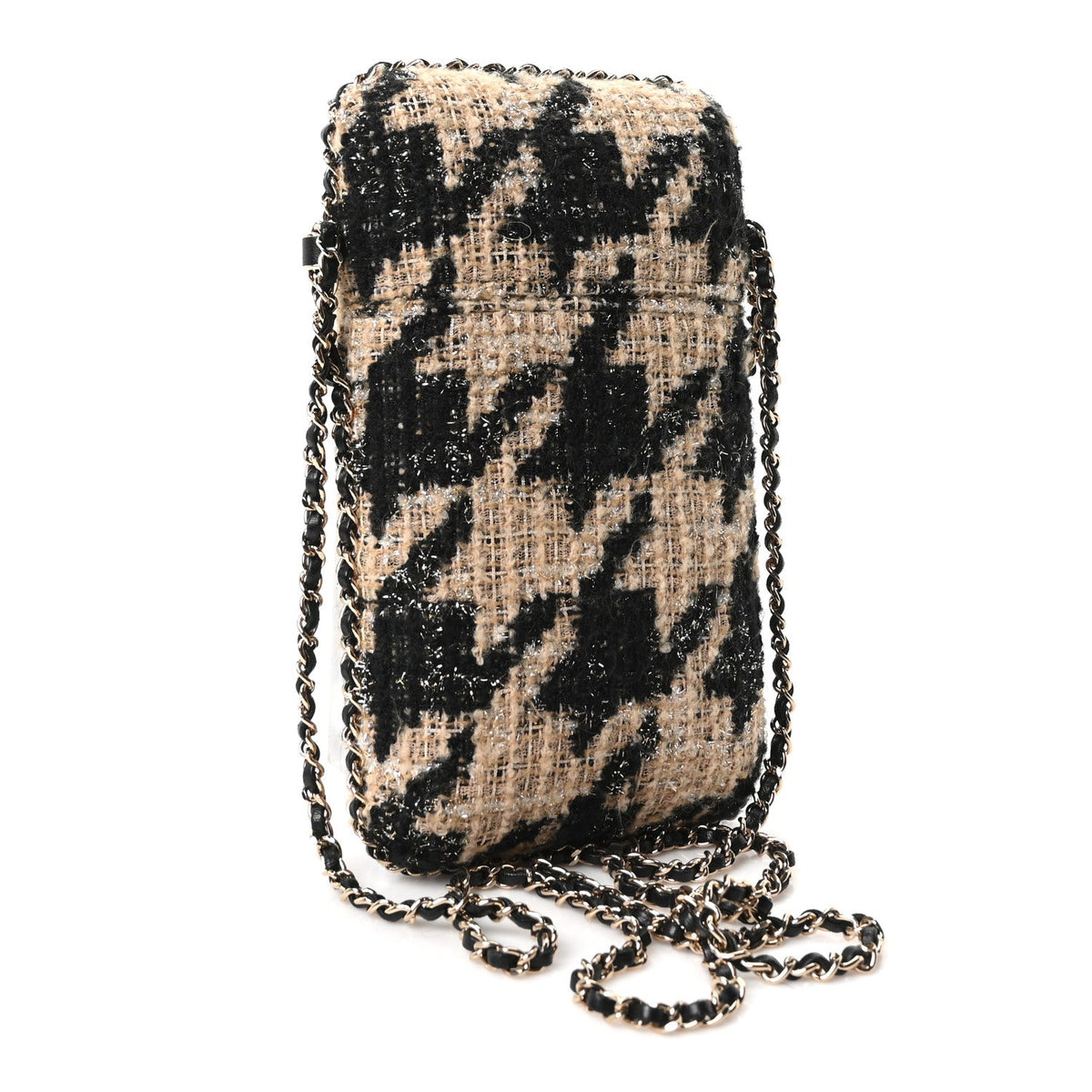 Tweed Chain Around Phone Holder Beige Black