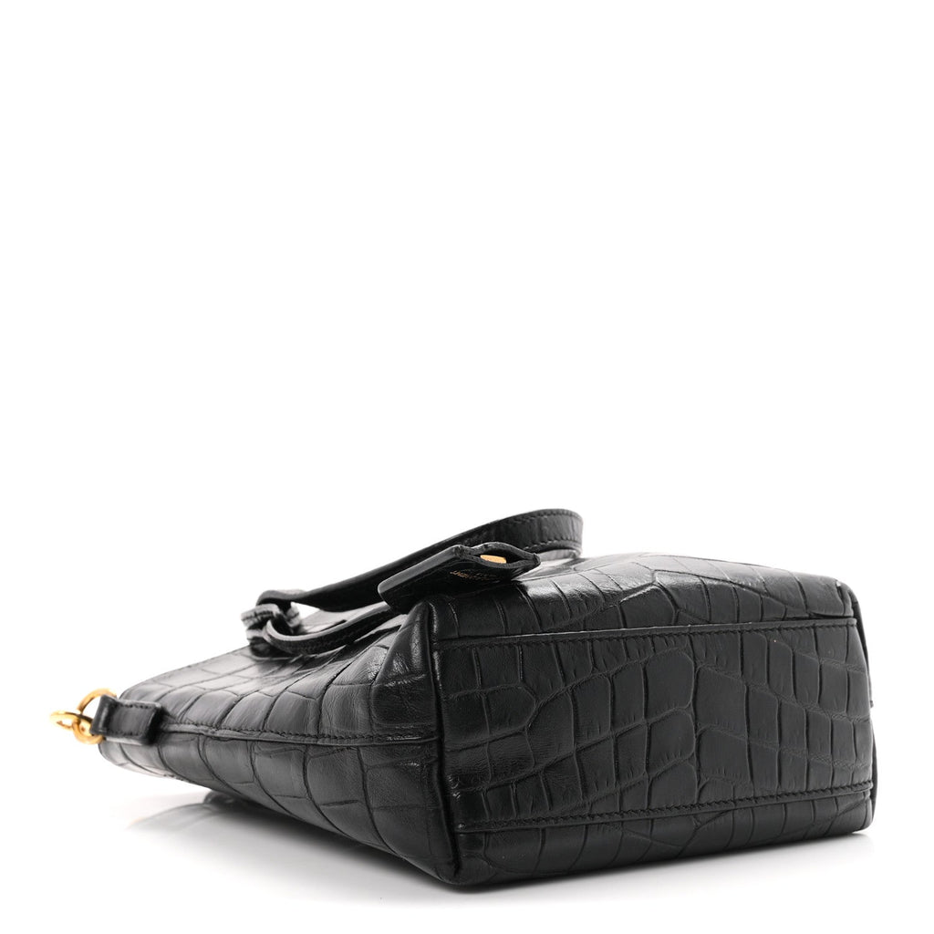 Calfskin Crocodile Embossed Paris Mini Toy Shopper Tote Black