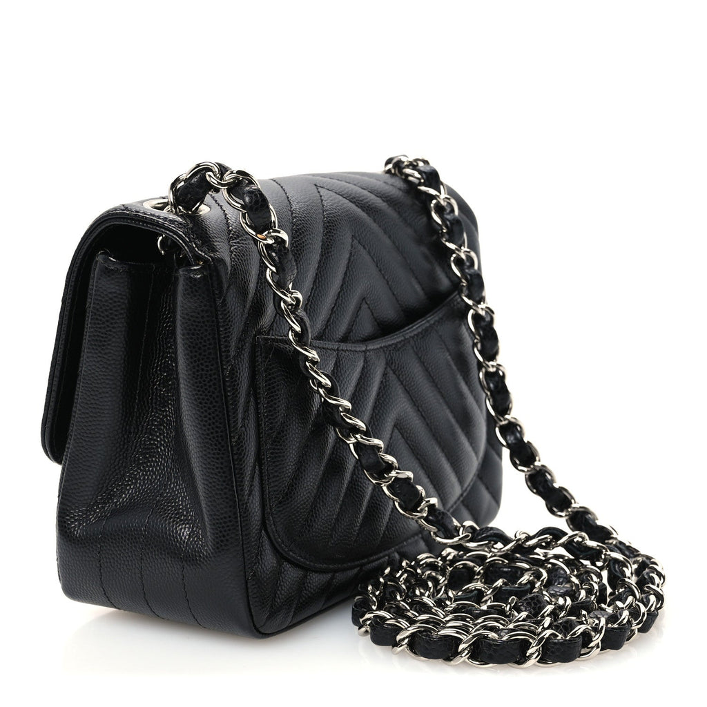 Caviar Chevron Quilted Mini Square Flap Black