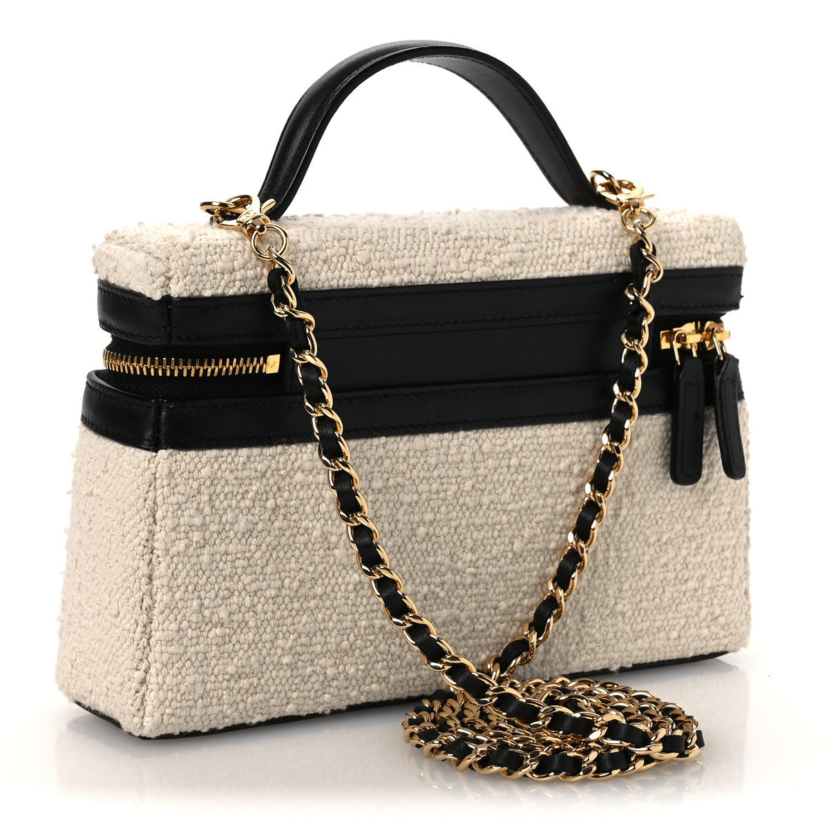 Boucle Calfskin Top Handle Slim Vanity Case With Chain Ecru Black