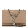 Calfskin Crocodile Embossed Small Classic Monogram Kate Tassel Satchel Beige