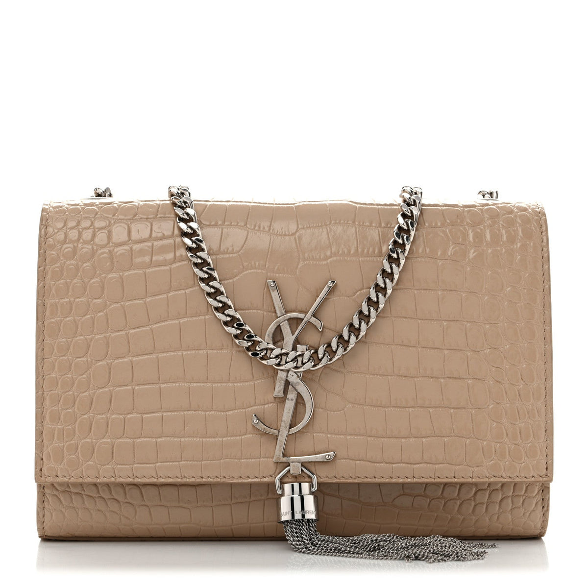 Calfskin Crocodile Embossed Small Classic Monogram Kate Tassel Satchel Beige
