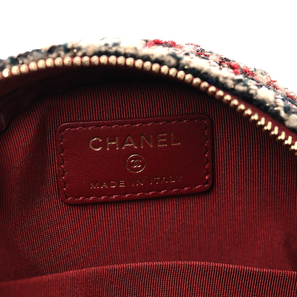 Tweed Quilted Round Clutch With Chain Red