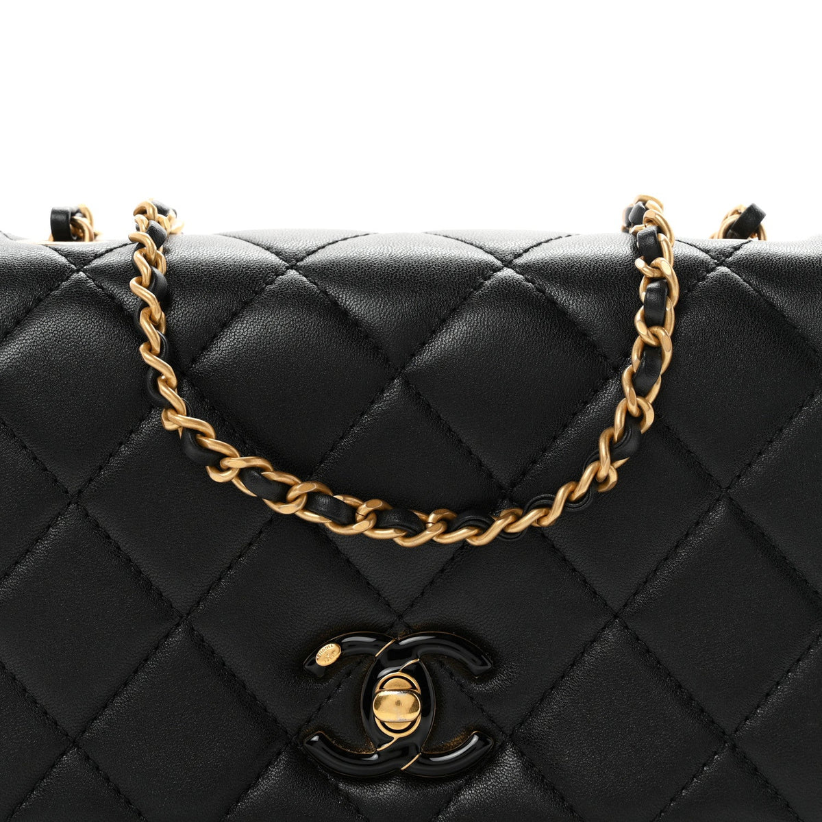 Shiny Lambskin Quilted Enamel CC Mini Flap Black