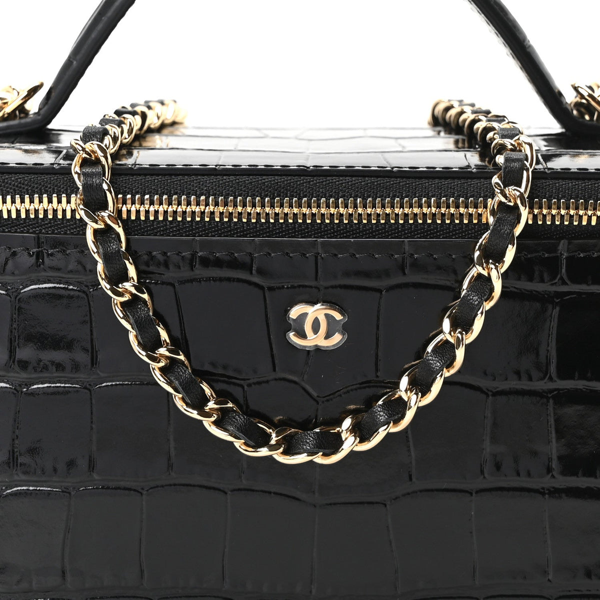 Calfskin Crocodile Embossed Crococo Small Top Handle Vanity Case With Chain Black