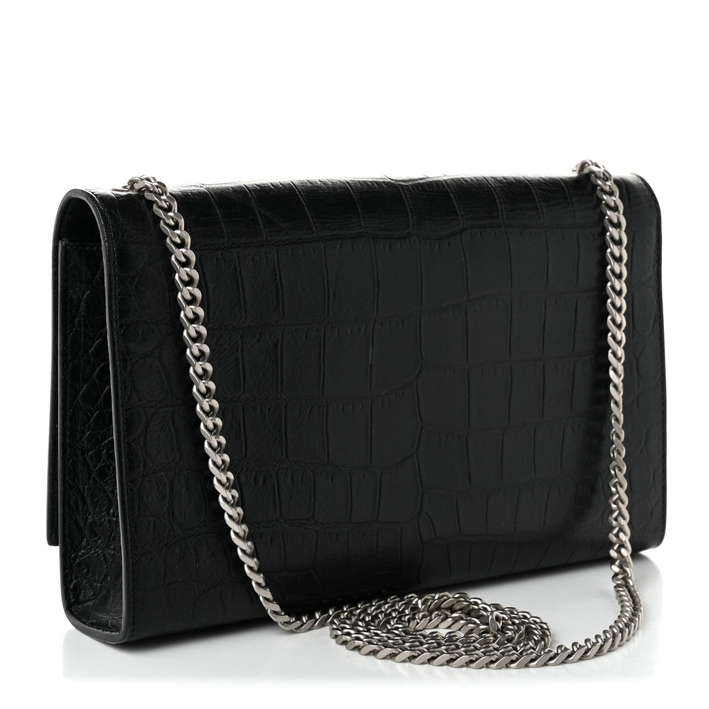 Calfskin Crocodile Embossed Medium Classic Monogram Kate Tassel Satchel Black
