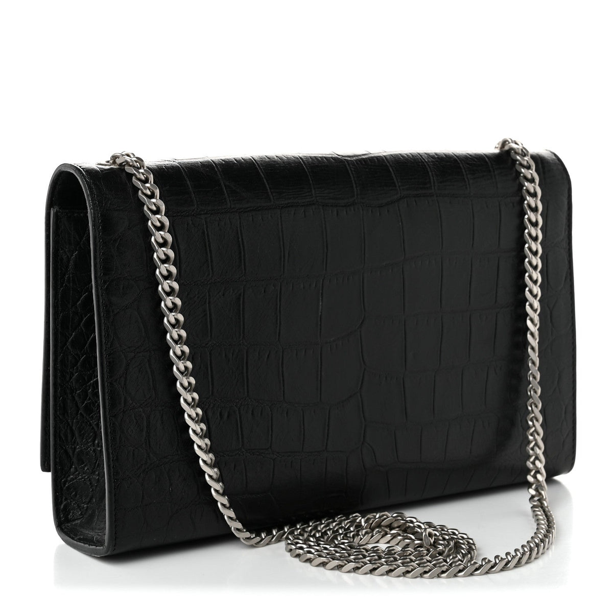 Calfskin Crocodile Embossed Medium Classic Monogram Kate Tassel Satchel Black
