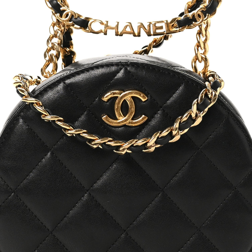 Lambskin Quilted Chain Logo Top Handle Small Round Black