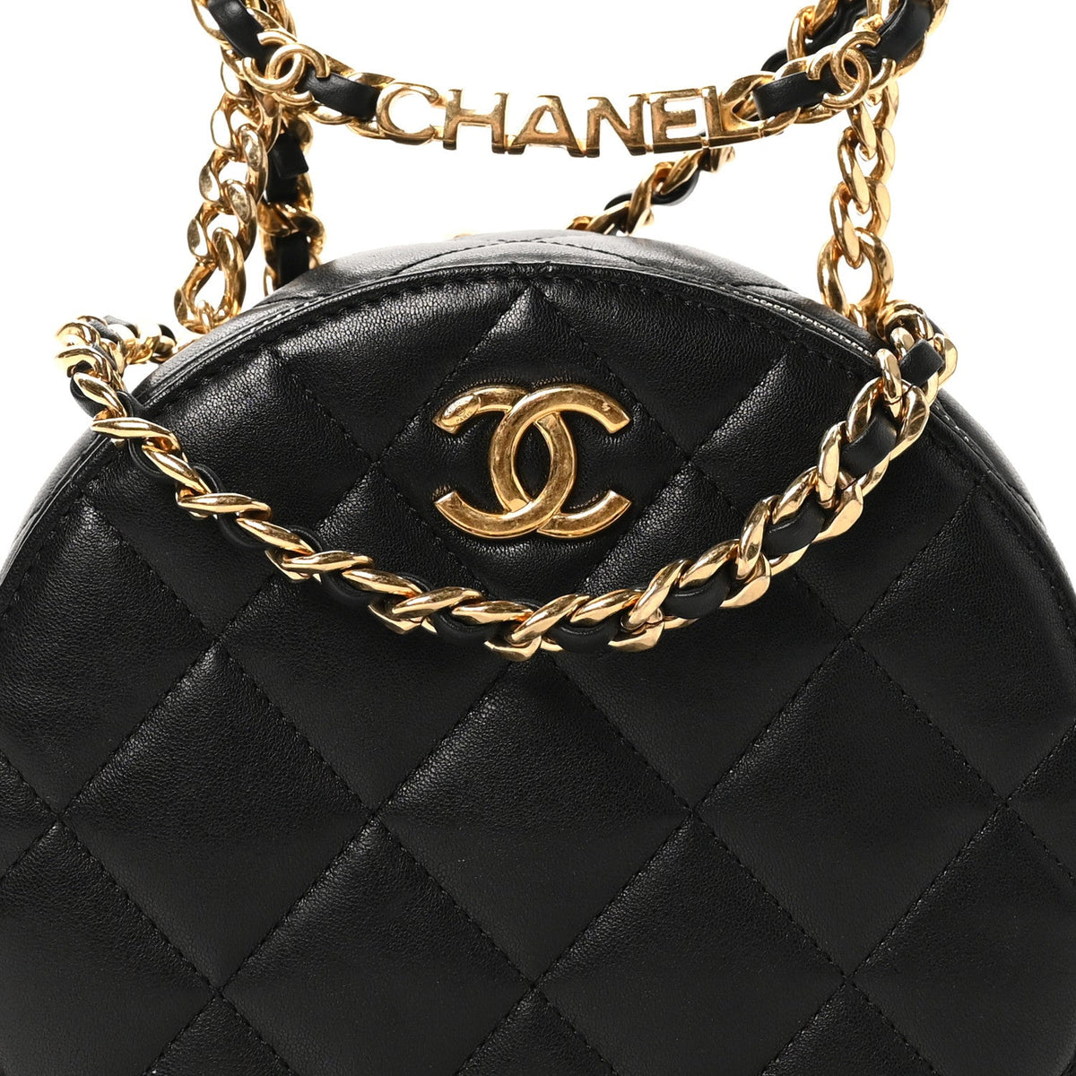 Lambskin Quilted Chain Logo Top Handle Small Round Black