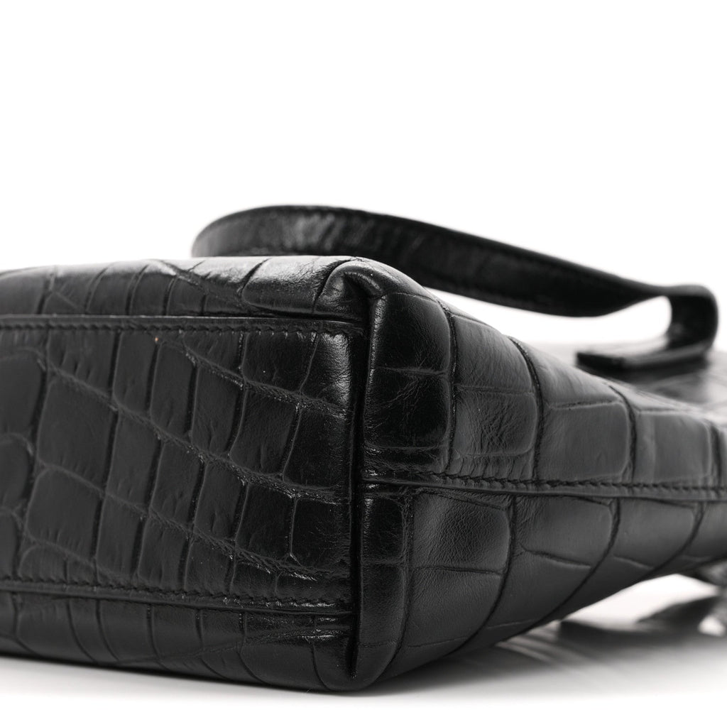 Calfskin Crocodile Embossed Paris Mini Toy Shopper Tote Black