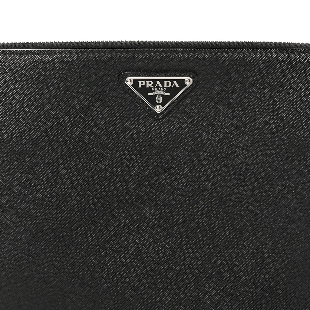 Saffiano Travel Metal Triangle Logo Slip Handle Wristlet Pouch Black