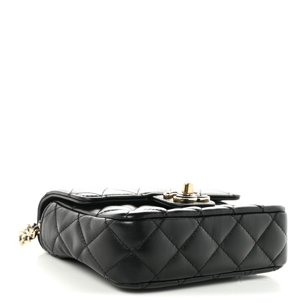 Lambskin Resin Quilted Mini Heart Square Flap Black